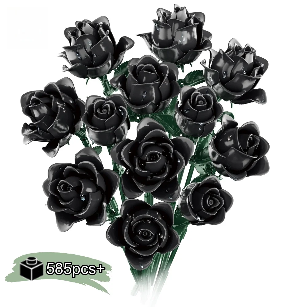 

585PCS NEW Gothic Style Dark Roses Building Blocks Black Flower Bouquet DIY Assembly Model Kit Unique Valentines Day Gift