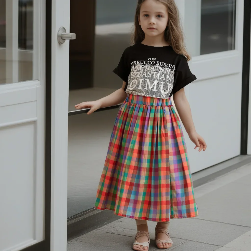 เด็กวัยรุ่นกระโปรงยาวผ้าฝ้ายสายรุ้งกระโปรงลายสก๊อตสําหรับสาวฤดูใบไม้ผลิฤดูร้อนสบายๆทุกวันเรียบง่ายกระโปรงอเนกประสงค์ 6 8 10 12 ปี