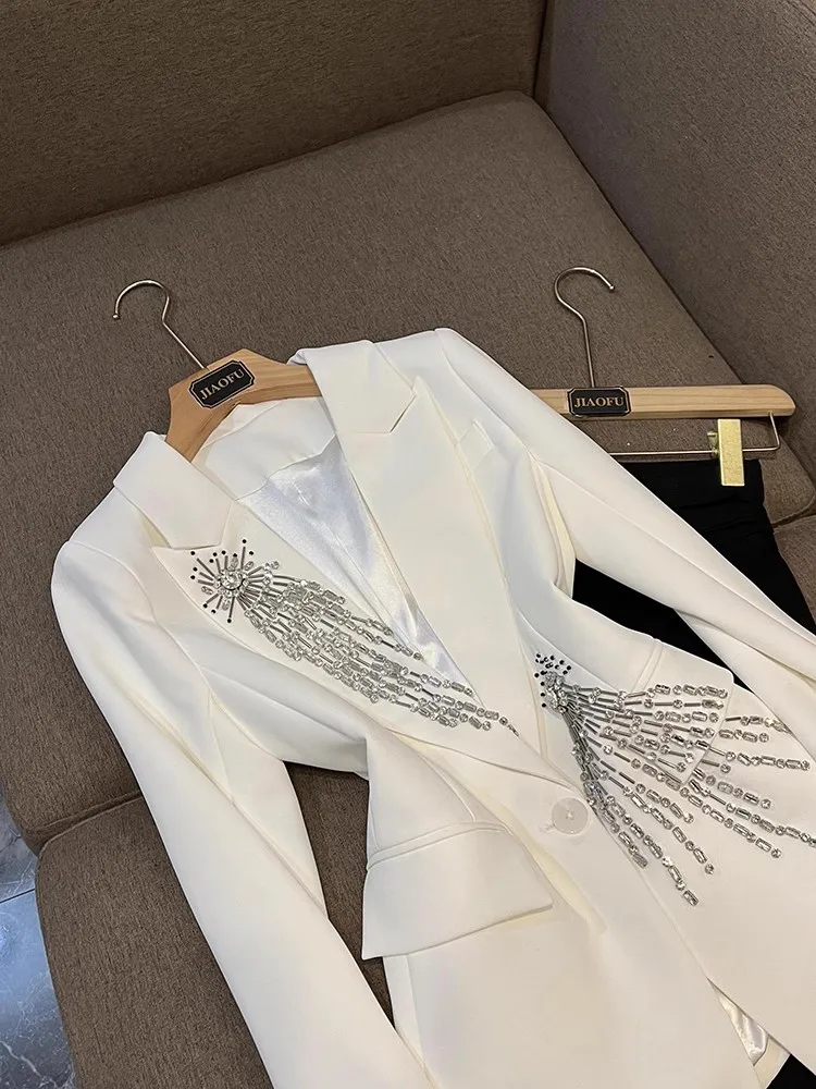 Elegant Style Lady Fine Workmanship Rhinestone Beading Office Wear Single Buttons Long Sleeve Women White Blazer