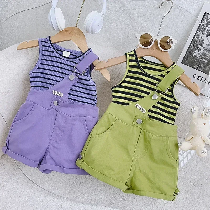 2024 summer fashion kids girls suspender suits  new  striped vest tops baby girl shorts 2pcs clothing  sets