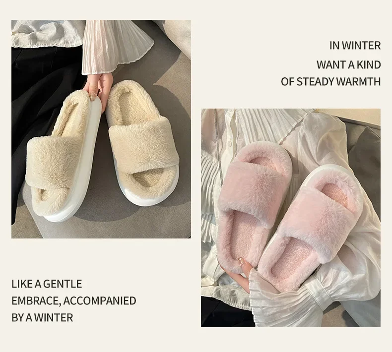 Thick Fluffy Fur Slippers 2022 New Women Winter House Warm Furry Slippers Women Flip Flops Home Slides Flat Indoor Floor Shoes