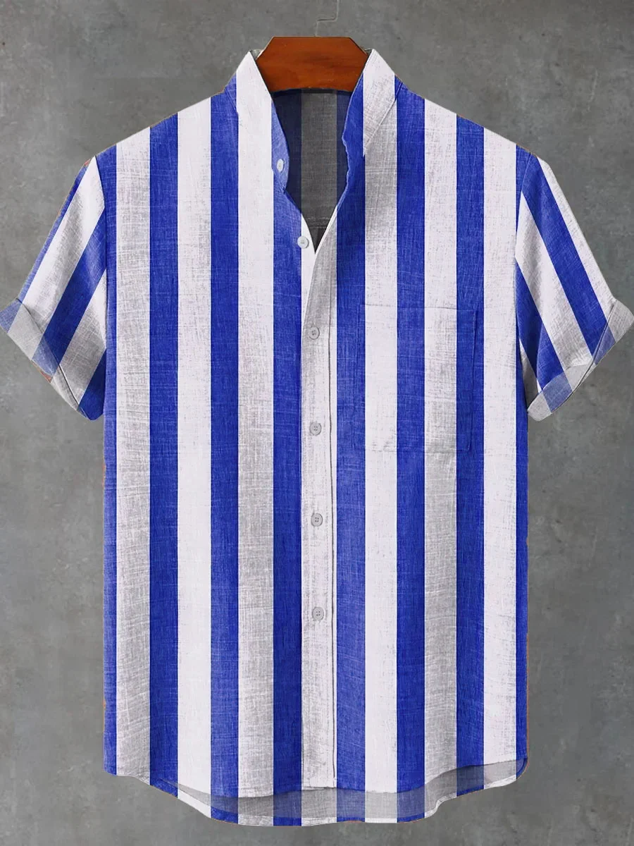 2025 men's new striped high-quality linen short sleeved shirt, summer comfortable fabric button top, 12 colors to choose from