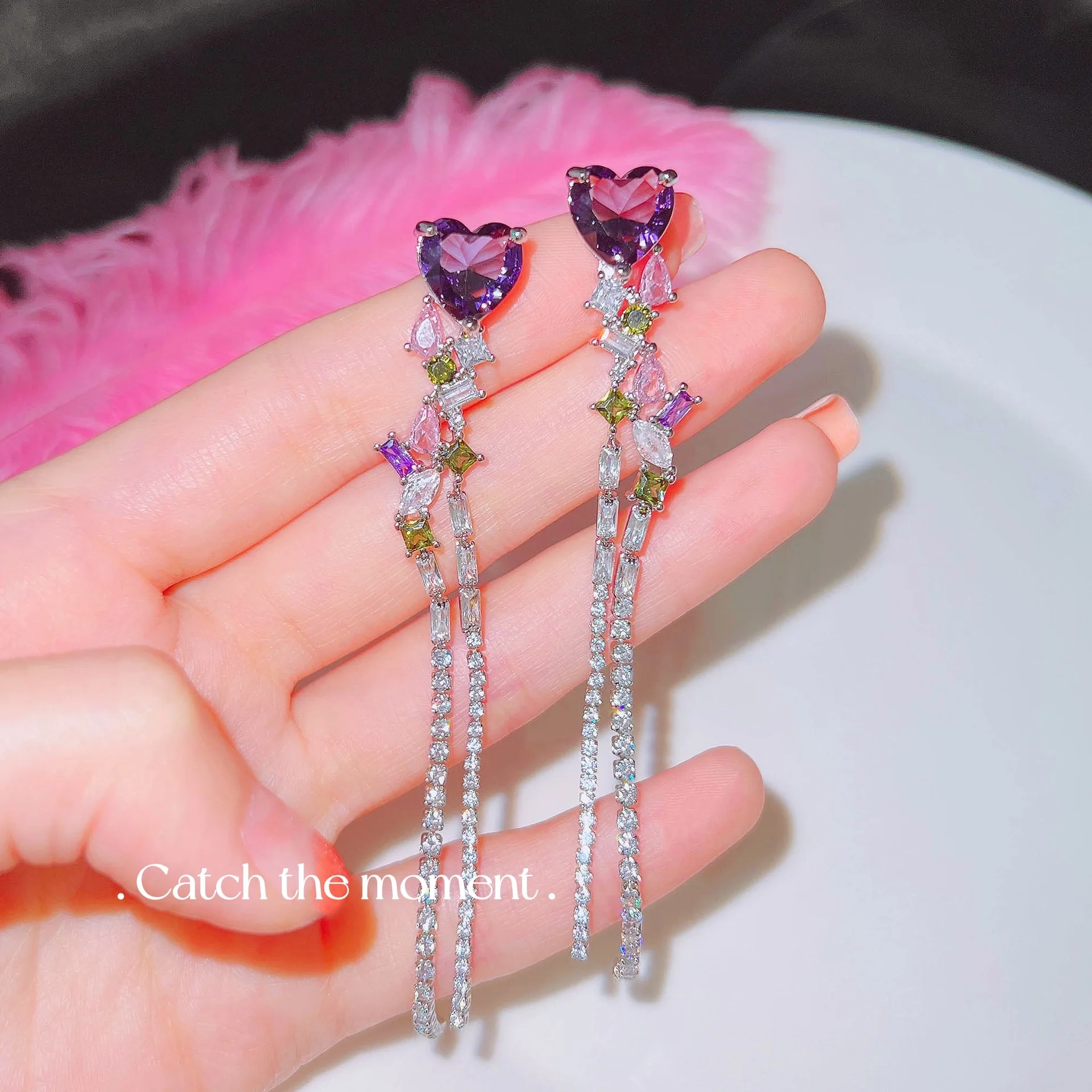 New Fashion Purple Crystal Heart Dangle Earrings for Women Tassel Long Bling Rhinestone Earring Jewelry Wedding Bridal Gifts