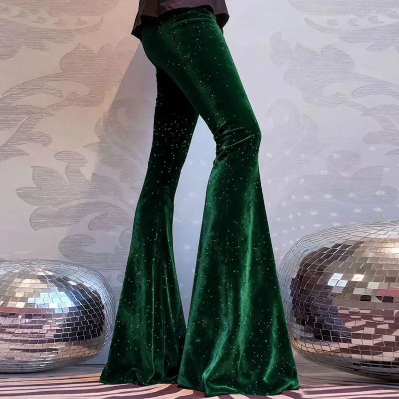 セクシーなダイヤモンド光沢のあるベルベットフレアパンツ女性 2026 春エレガントなハイウエストスリムロングパンツ秋のファッション快適なソフトパンツ