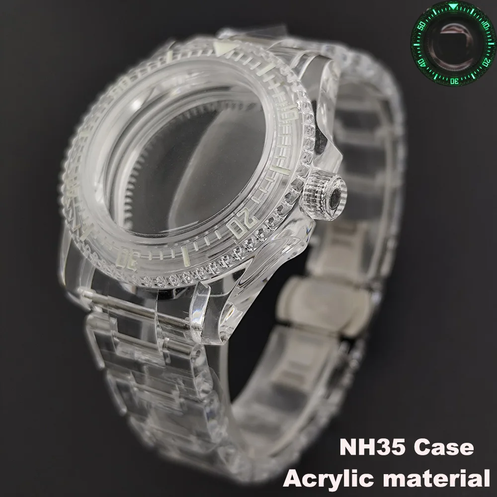 Custodia trasparente da 40 mm per custodia NH35/VK63 Cinturini per orologi da 20 mm Set verde luminoso SUB Custodia in plastica acrilica Accessori per orologi