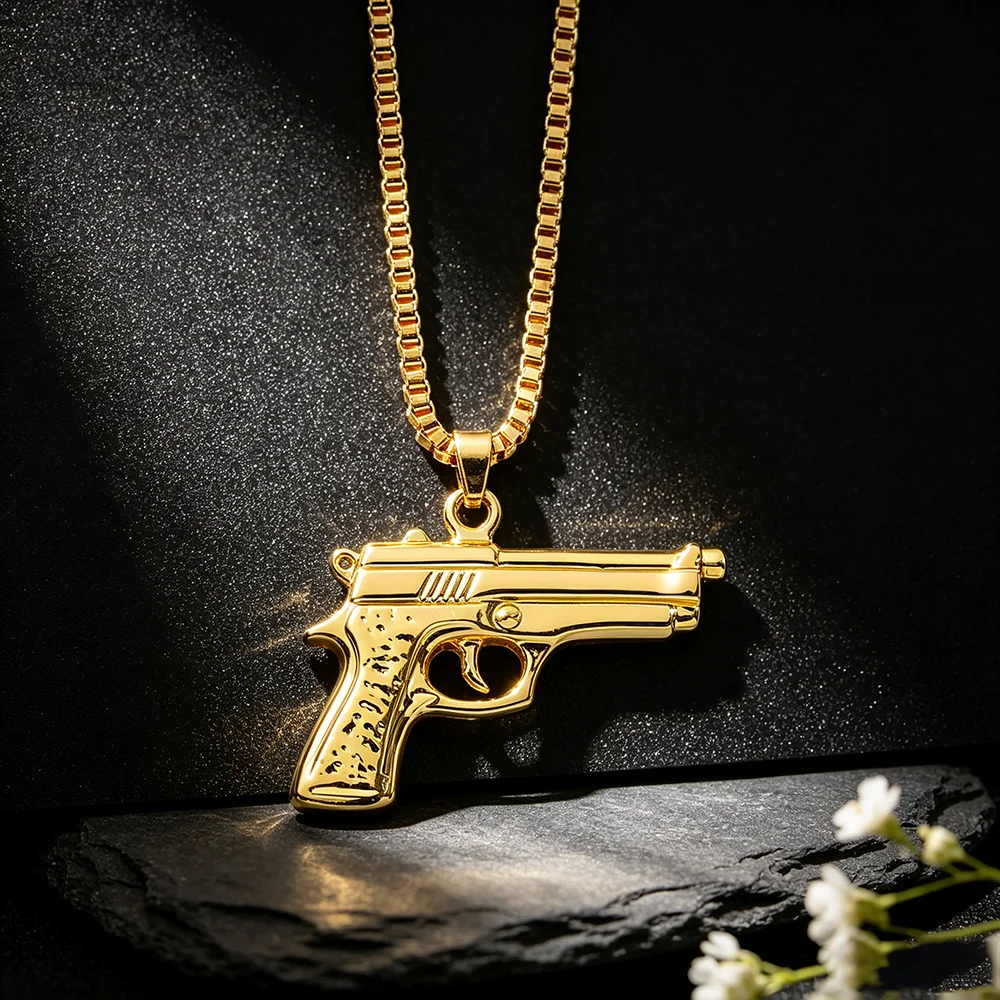 Gold Plated Pistol Shape Pendant Necklace, Box Chain Hip Hop Gun Charm Necklace for Men Women Punk Jewelry Gift