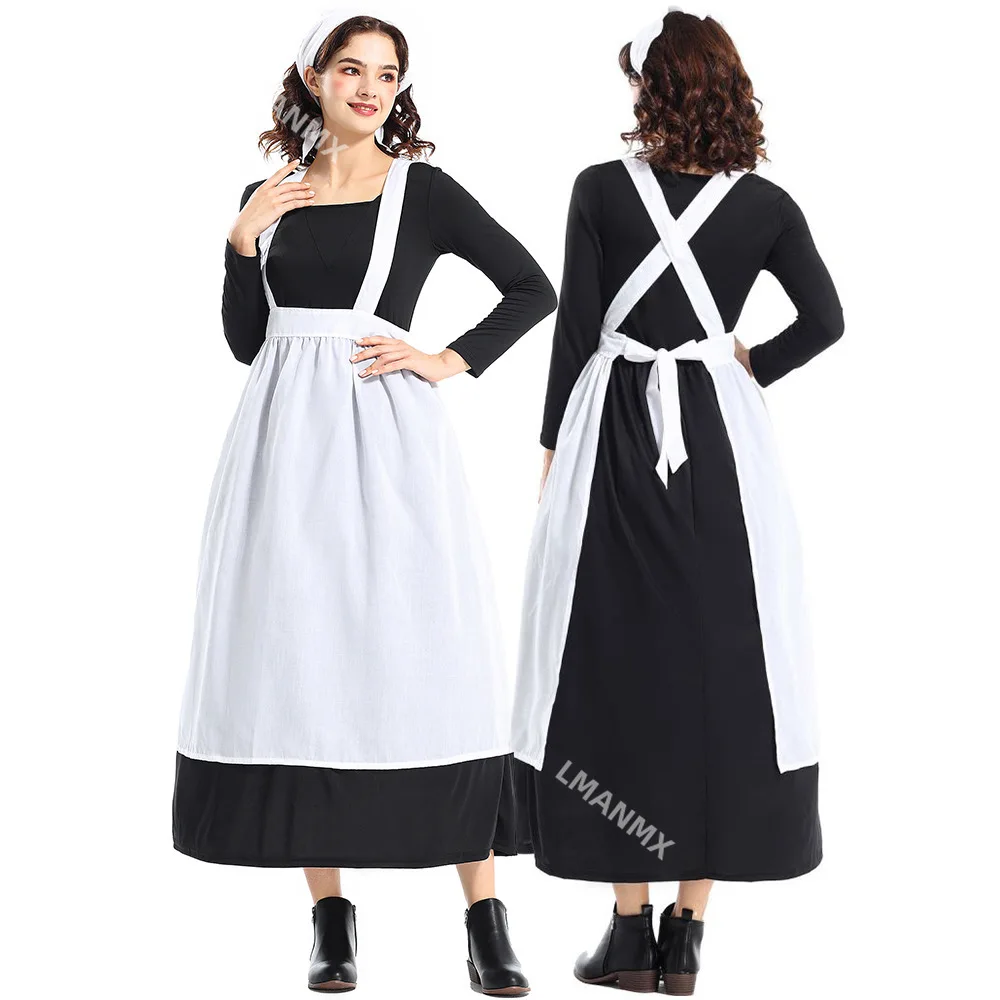 Retro French Maid Costume for Women Adult Village Peasant Farm Dress Long Colonial Pilgrim Woman Cosplay Book Week Party