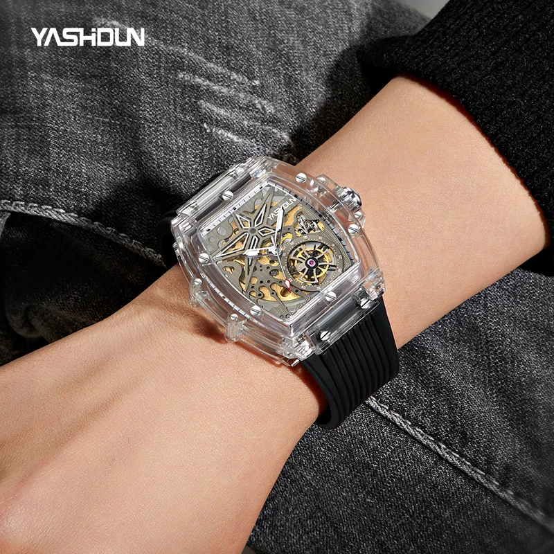 Automatic Mechanical Watch for Man Hollows Skeleton Tourbillon Transparent Mechanical Men's Watch Barrel Shaped Relógio Poedagar
