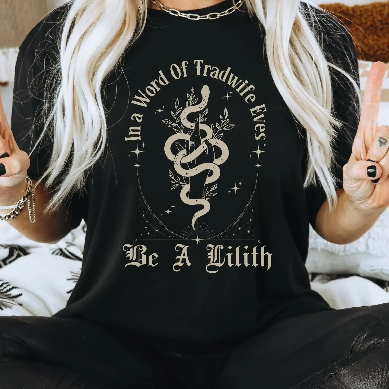 In A World Of Tradwife Eves Be Lilith T Shirt Celestial Snake Gothic Feminist Witchcraft Wicca Witchy Vibe Top vintage Washed