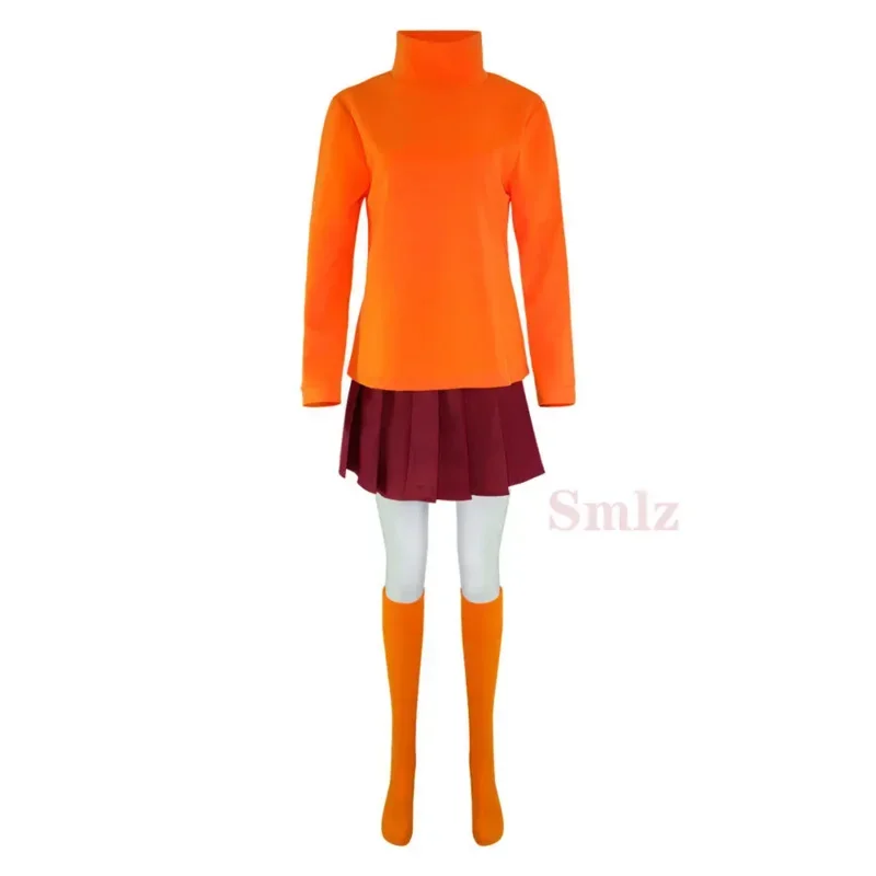 ベルマ-コスプレ衣装セット,女性用ユニフォーム,オレンジ色のトップス,スカート,靴下,ハロウィーンの衣装,女の子用のかつら,m13