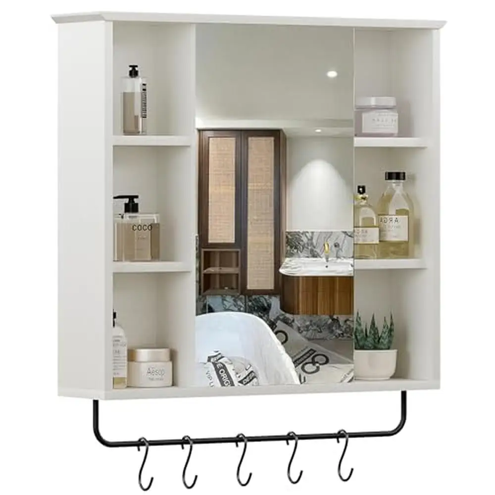 

Vintage Wall Mounted Medicine Cabinet with Mirror and 6 Open Shelves Removable Towel Rack and Hooks Farmhouse Style Storage