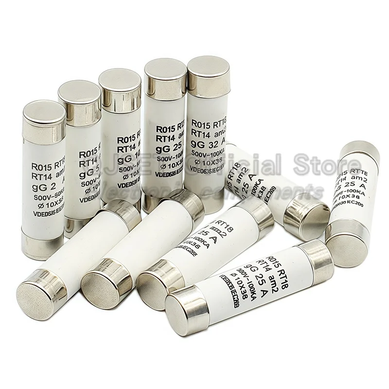 10Pcs R015 10*38 Fast Blow Ceramic Fuse 10x38mm Fuse 500V 0.5A 1A 2A3A 4A 6A 8A 10A 16A 20A 25A 32A 40A 380V RO15 RT18 RT14 RT19