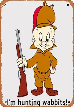 Letrero de Metal para decoración de pared de Bar, cartel de dibujos animados de Elmer Fudd I M Hunting Wabbits, 8X12 pulgadas