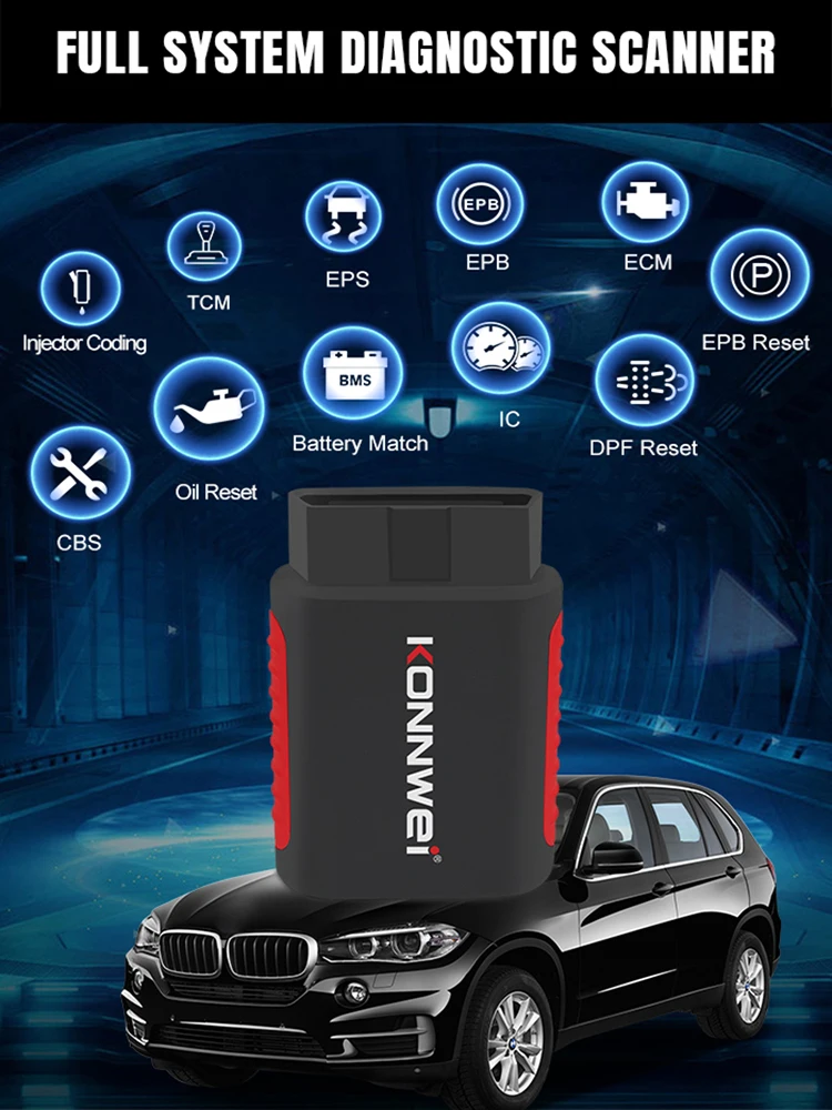 KONNWEI KDIAG All-System-Bidirektionaler OBD2-Scanner für iOS & Android, Bluetooth-Diagnosegerät mit CAN-FD-Protokoll