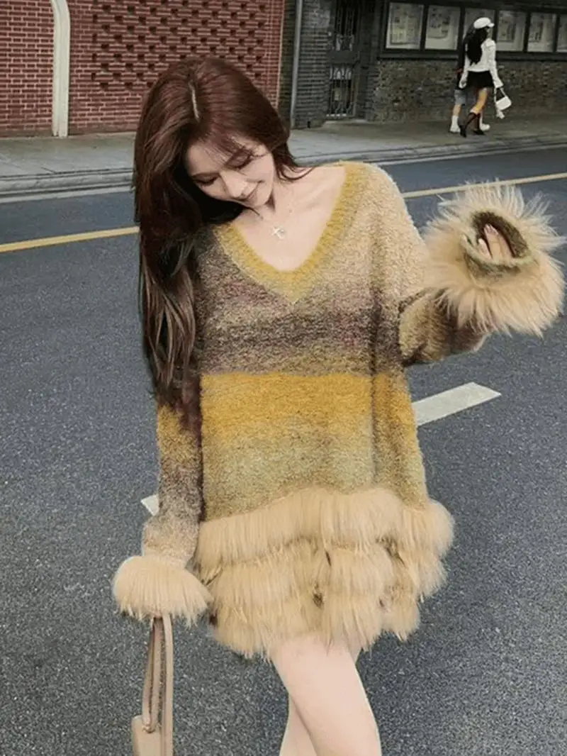 

Premium Feel Collision Color Stripe V-Neck Long Sleeve Women's Knitted Sweater Spring New Loose Slimming Versatile Top