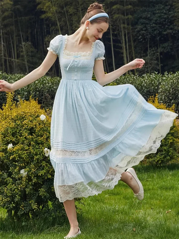 84-99cmหน้าอกฤดูร้อนชุดผู้หญิงวินเทจลูกไม้สแควร์คอพัฟแขนชุดเจ้าหญิงElegantSlim Polka Dot RuffleชุดCinderella