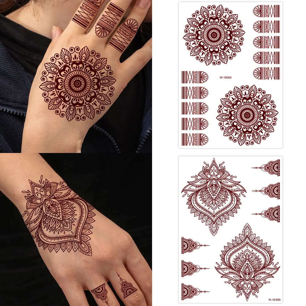 Wasserdichtes braunes Henna-Tattoo für Frauen, Hand-Körperkunst, Blume, temporäre Tattoos für Hochzeit, Party, Körperdekoration