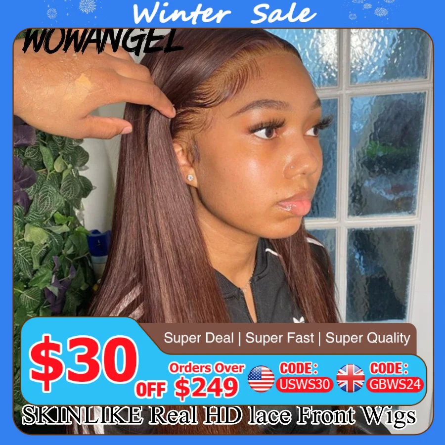 Wow Angel Шоколадно-коричневый цвет 13x6 HD Парик фронта шнурка Прямые парики Бесклеевые человеческие волосы Парик Weargo Парик из расплавленной кожи для женщин