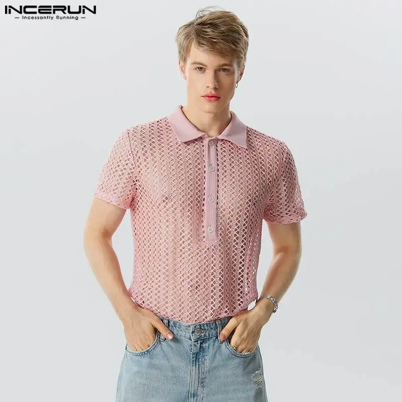 

INCERUN Tops 2023 American Style Men's See-through Mesh Hollowed Shirts Casual Sexy Male Solid Short Sleeved Lapel Blouse S-5XL