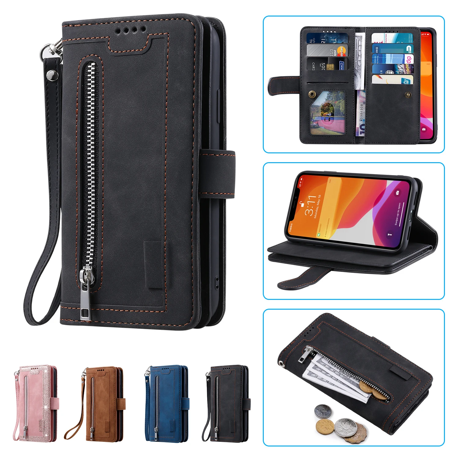 

Multi 9-Card Zipper Wallet Case For Google Pixel 9A 9 Pro XL 8A 8 7A 7 6A 6 Retro Leather Lanyard Wrist Strap Book Flip Cover