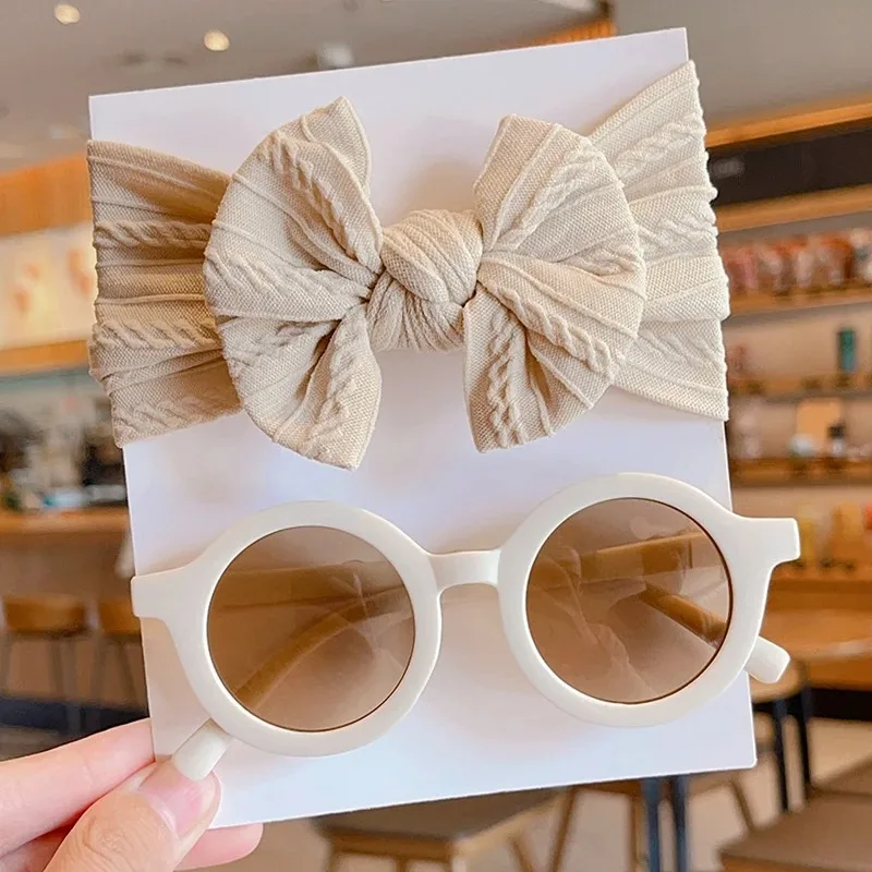 2 Teile/satz Neue Kinder Nette Farben Weiche Bowknot Breite Haarbänder Mode Runde Blume UV400 Sonnenbrille Set Kinder Haar Zubehör – Detail 14