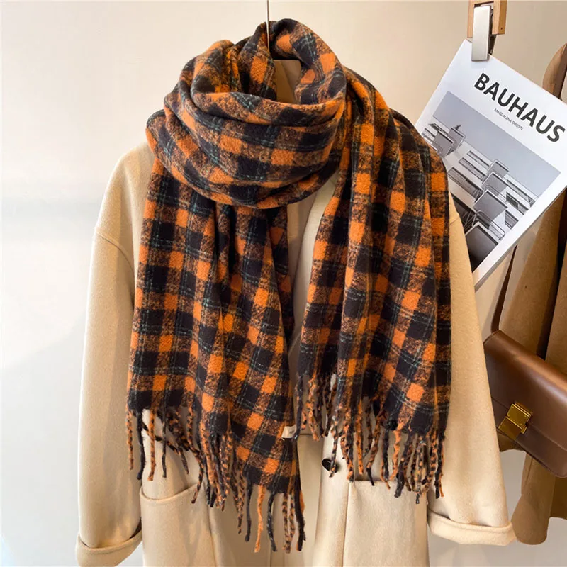 Women Plaid Scarf Winter Cashmere Imitation New Thick Warm Long Tassel Shawl Fashion Vintage Bufandas Panuelos Wrap Hijab Muslim