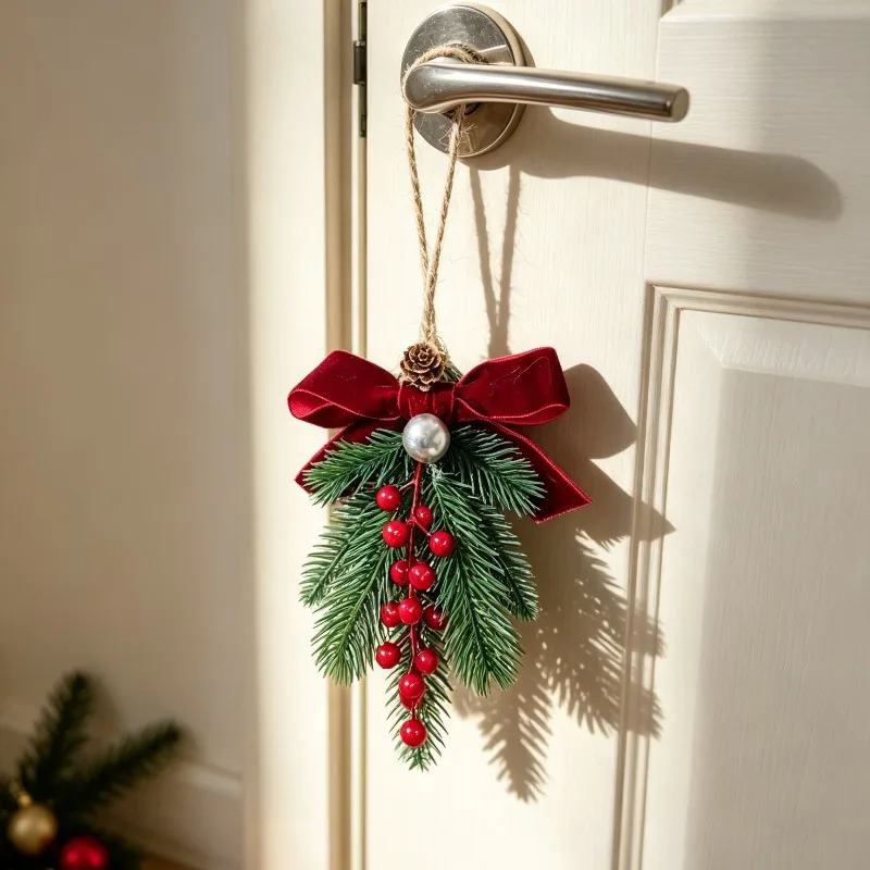 Christmas Jingle Bells Door Hanger Ornament Velvet Bow Pine Bell Metal Crisp Sound Pine Cone Bell Pendant Home Door Decorations