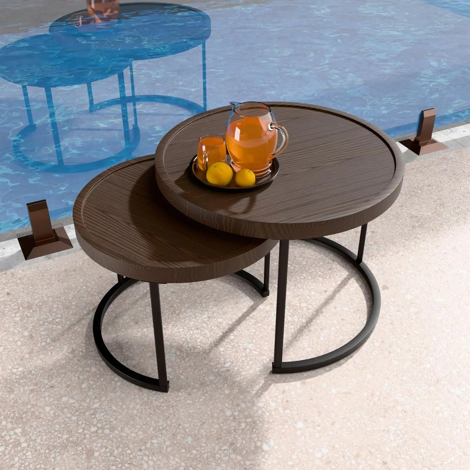 Sand Dune Modern Nesting Coffee Table Set Of 2, Round Patio Wood Side Table, Outdoor Small End Table, Brown