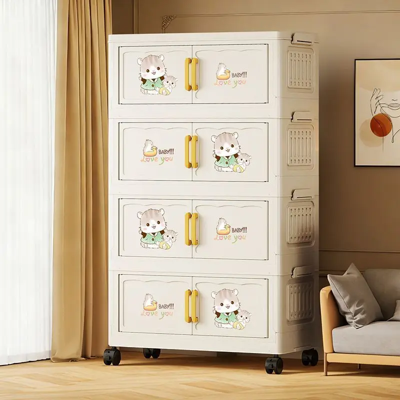 Foldable Multi-Tier Toy Storage Cabinet with Wheels for Home Bedroom Use Cartoon Design Kids Clothing Organizer Storage Box