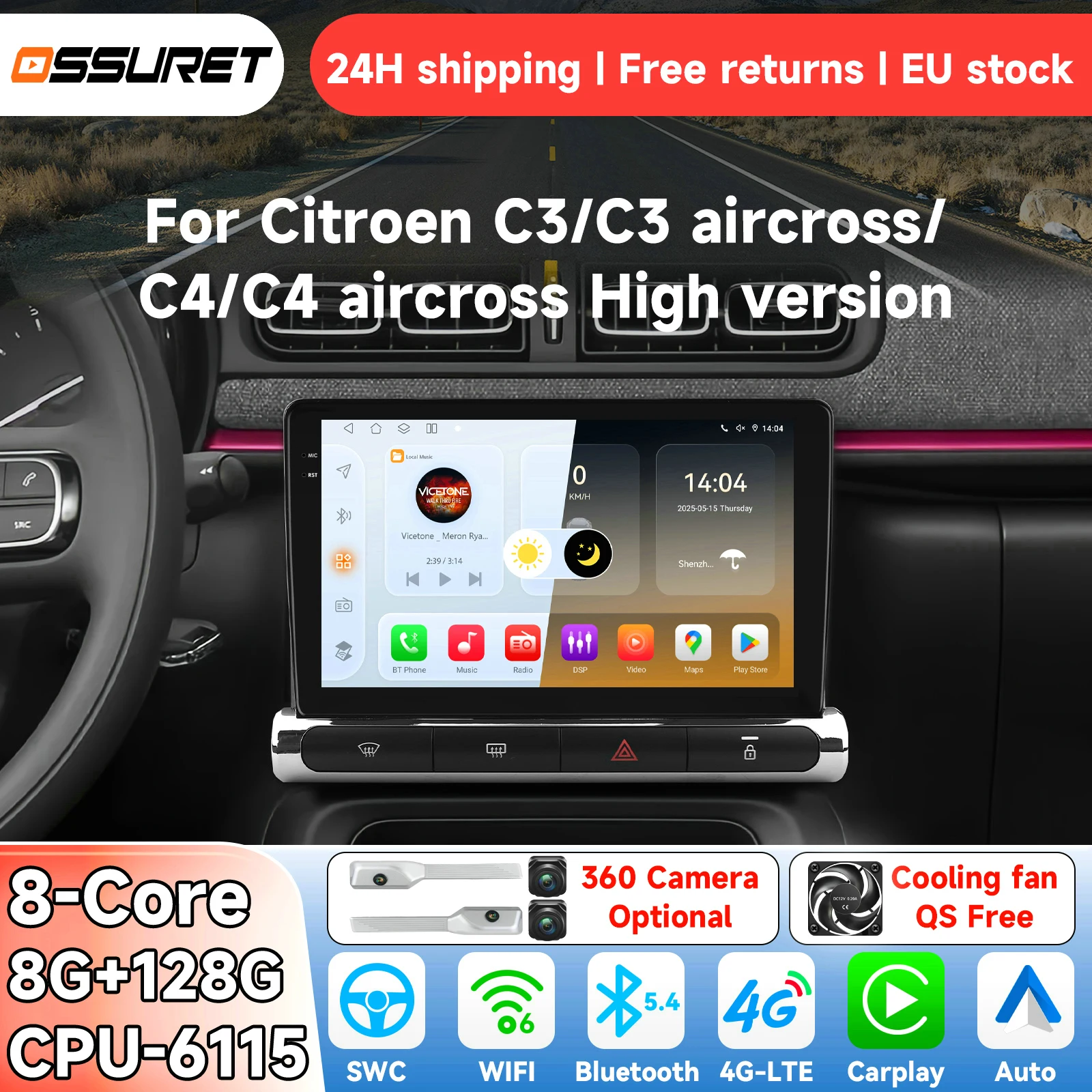OSSURET AI Android14 Autoradio per C3 Aircross 2017 - 2023 Citroen C4 Sistema Intelligente Carplay Auto Lettore Multimediale Video GPS 4G 6115