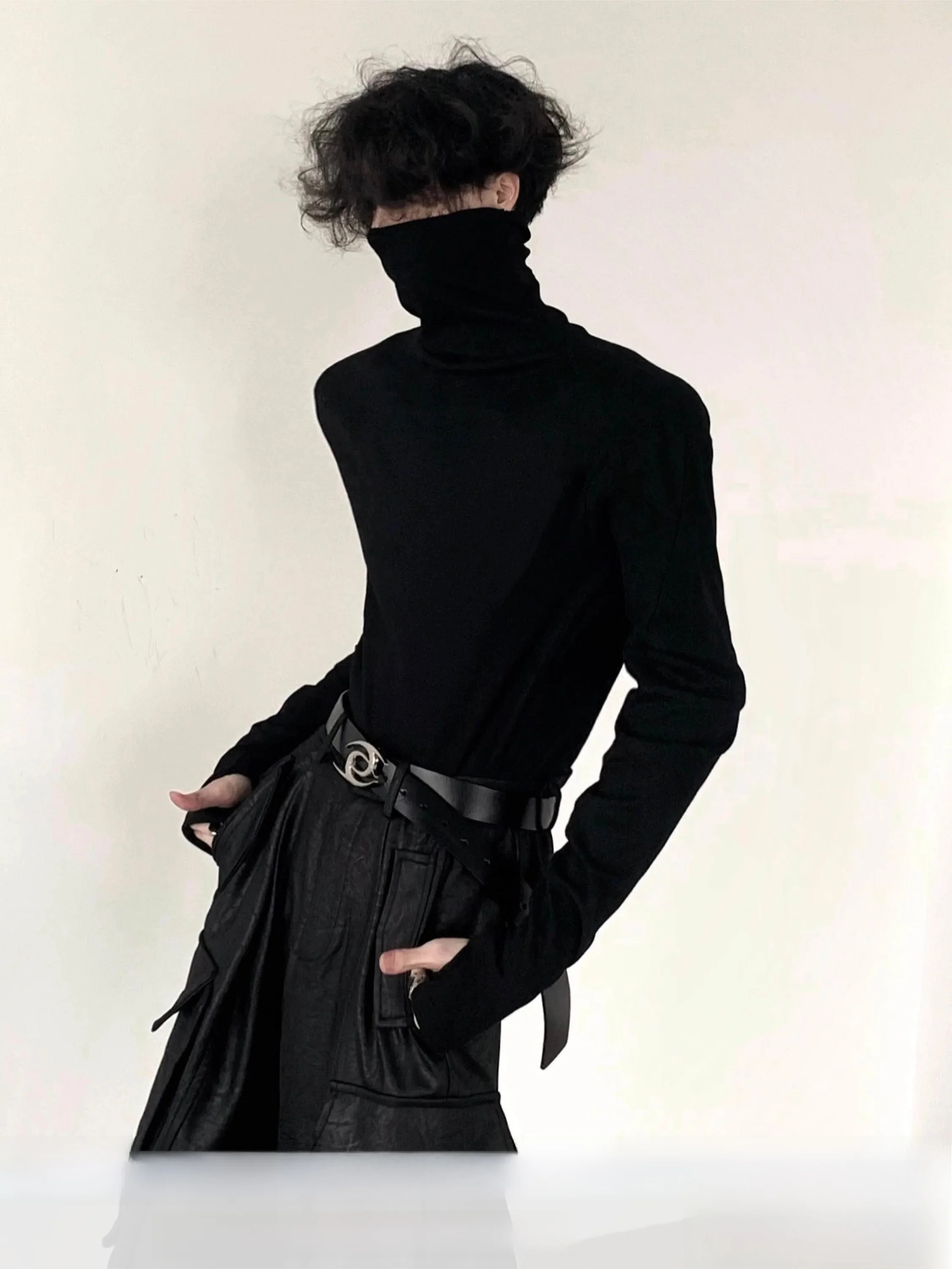 Autumn Mountain Style Men's Long Sleeve High Collar Base Shirt Slim Fit Shape Black White Inner Wear T-Shirt  Brand