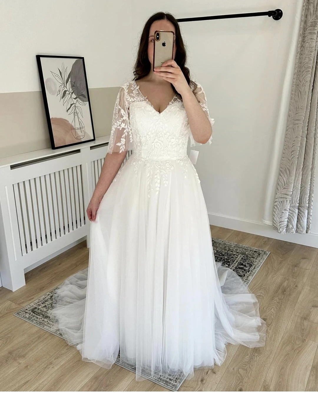 Sexy V-Neck Short Sleeve A-Line Floor Length  Tulle Lace Appliques Bridal gowns For Women Customizet To Size Robe De Mariee