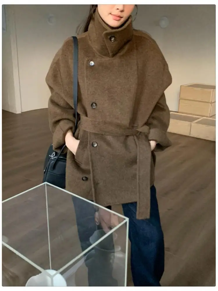 Jaquetas curtas de lã alpaca da senhora 2025 outono e inverno gola único breasted rendas soltas casacos de lã femininos grossos