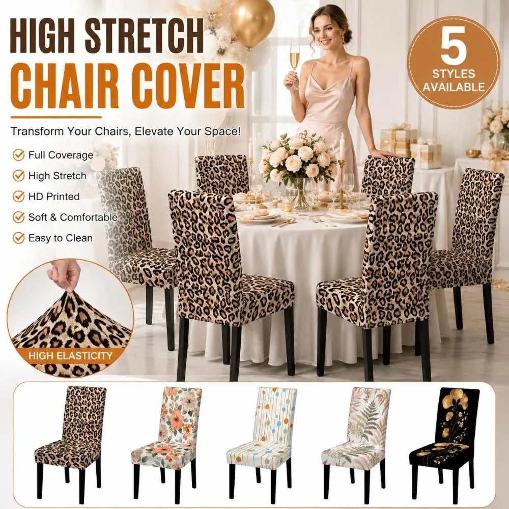 1/6pcs Full Cover Leopard Printed Chair Cover Elastic Non Slip Stretch Chair Cover Washable Floral Dining Chair Cover