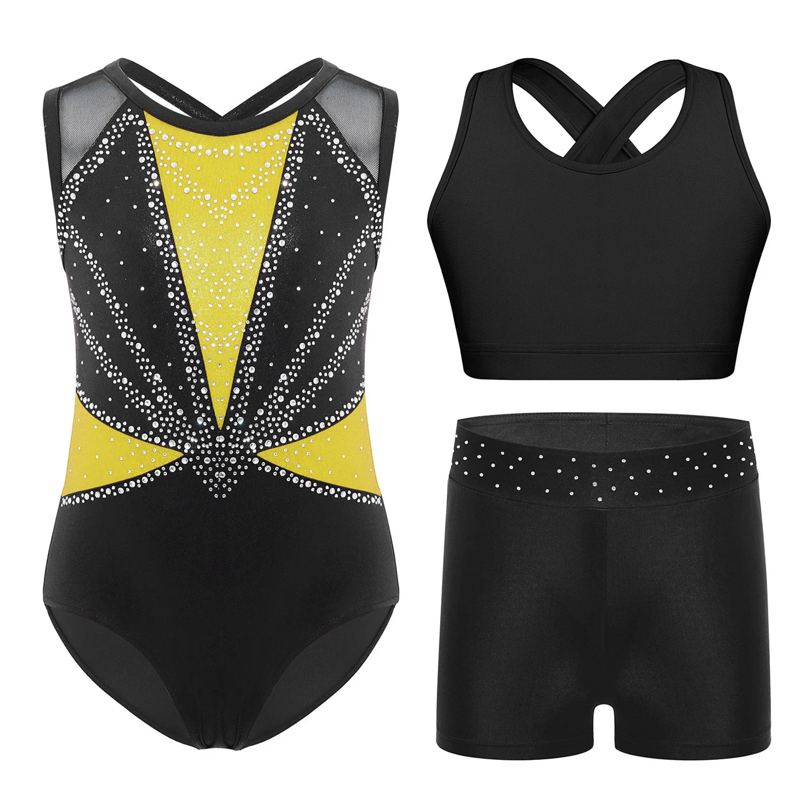 Girls Ballet Dance Gymnastics Outfit Round Neck Sleeveless Shiny Rhinestones Leotard with Cross Back Vest And Waistband Shorts