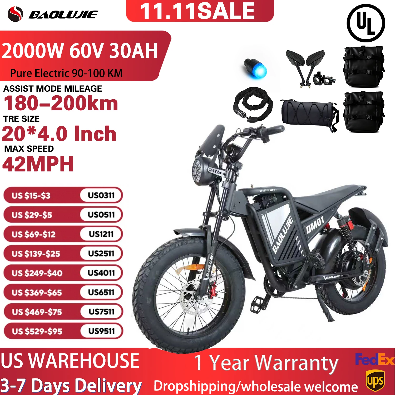 

Motor Electric Bicycle 60V 30AH Battery Max Speed 42 MPH Electric Bike 20*40 Inch Fat Tire E-Bike Electric Motorcycle for Adult