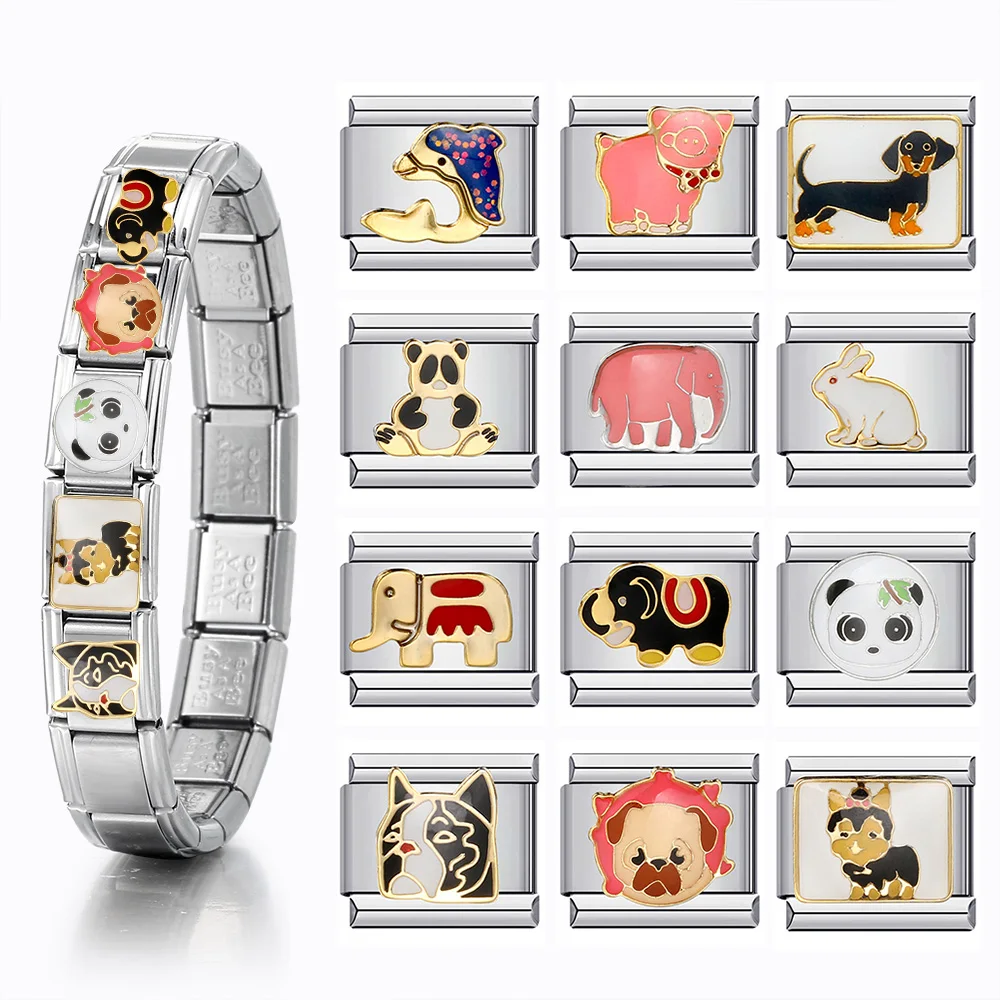 9mm Y2K Lovely Animals Italian Charm Stainless Steel Elastic Link Chain Dog Dolphin Elephant Panda DIY Making Jewelry Wholesale