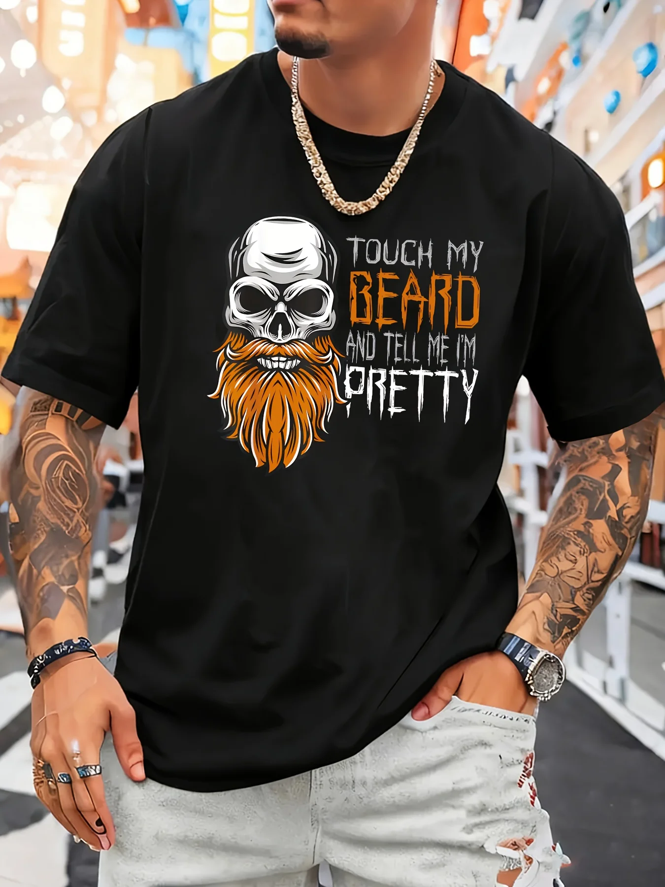 1 Beard Skull Pattern T-shirt - Soft, Men's Round Neck Short Sleeve - Casual Streetwear with Bold Orange and White Prints, Suitable for All Seasons | Bold Skull Prints | Comfortable Fit