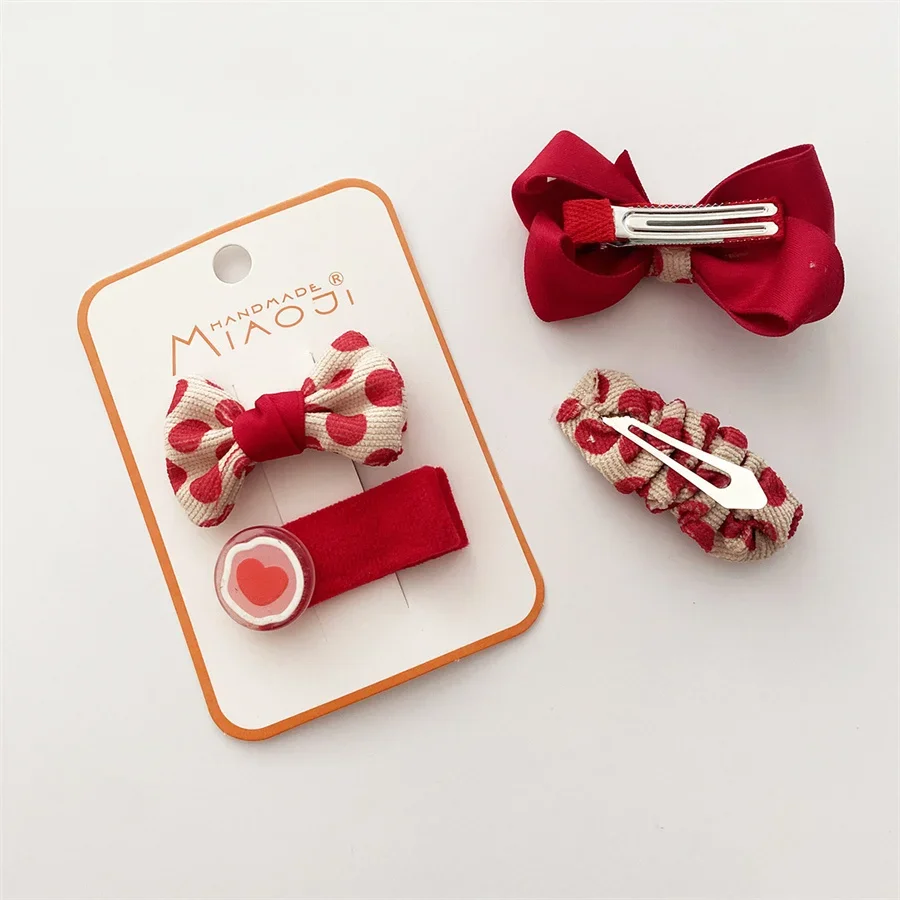 Baby Girls Cute Prints Fabric Bow Ornament Hair BB Clip Kids Lovely Red Dots Barrettes Students Hairpins Autumn Hair Accessories