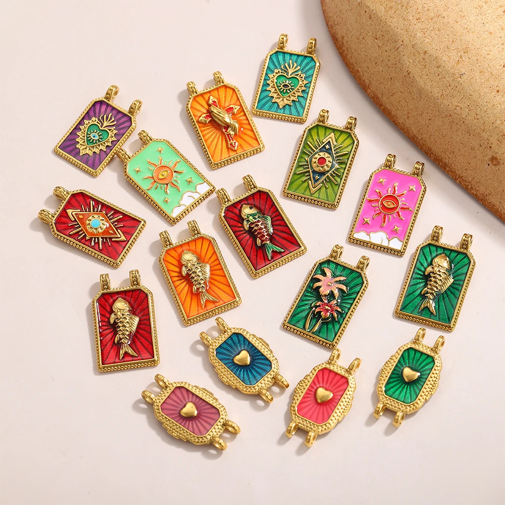 

French Stainless Steel Enamel Tarot Card Diy Charms Pendant Square Colorful Women Stone Love Eye Necklace Pendant Eagle Jewelry