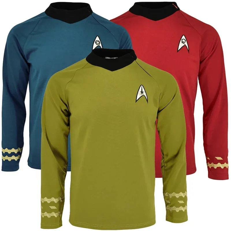 

Startreks Cosplay TOS Captain Kirk Gold Shirts Spock Blue Uniforms Red Starfleet Tops for Men's Coat Halloween Party Prop