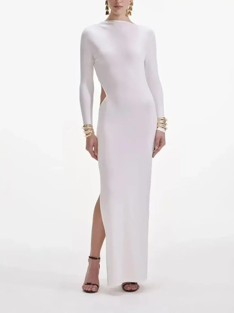 2025 New Female Satin Long Dress 2 Colors Backless Round Neck Long Sleeve Split Party Ladies Robe