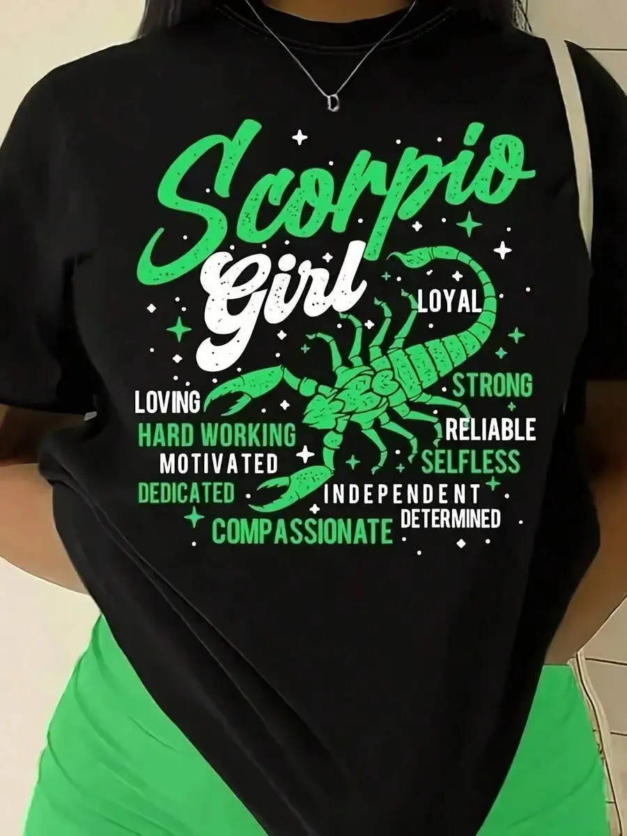 2026 Fashion New Women's Short Sleeve T-Shirt, Scorpio Girl & Scorpion Retro Zodiac Print Crew Neck Durable Tee, Great For Daily Wear Party Gathering & Gift Basic Tee