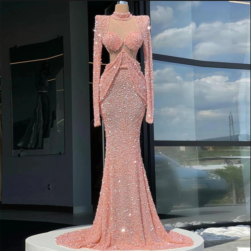 Pink Sparkling Women's Evening Dresses Mermaid Long Sleeve Arab Princess Prom Fashion Celebrity Formal Beach Party Gowns Robe