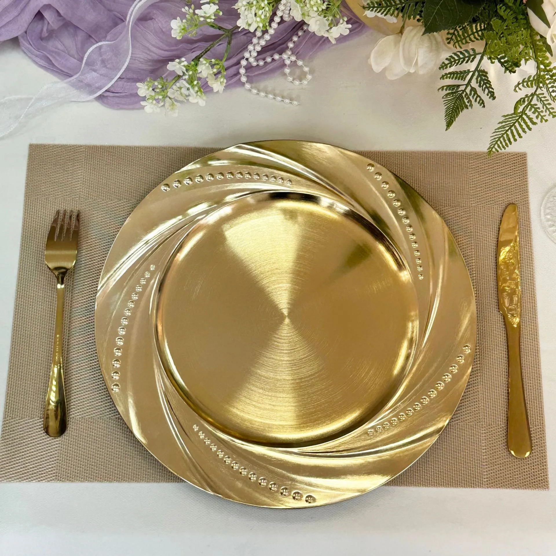 100 PCS Round Charger Plate 13 Inches Tray With Beads Wedding Centerpieces Event Party Decoration Dinner Tableware Decor