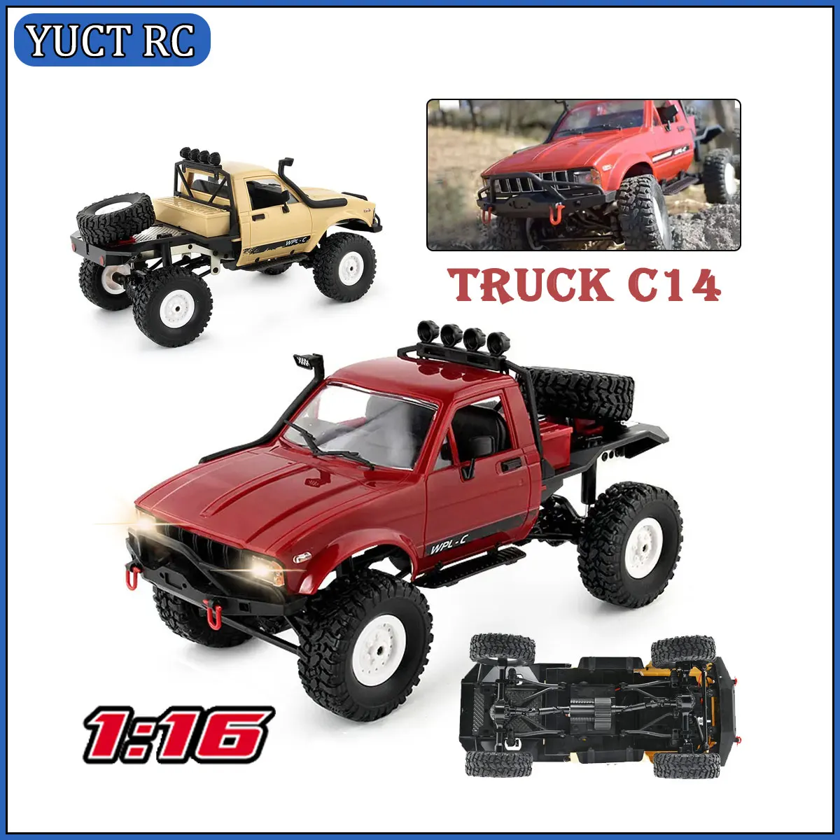 WPL C14 Full Scale RC Car 1:16 2.4G 4WD Rock Crawler Electric Buggy Climbing Truck LED Light On-road 1/16 For Adults Gifts Toys