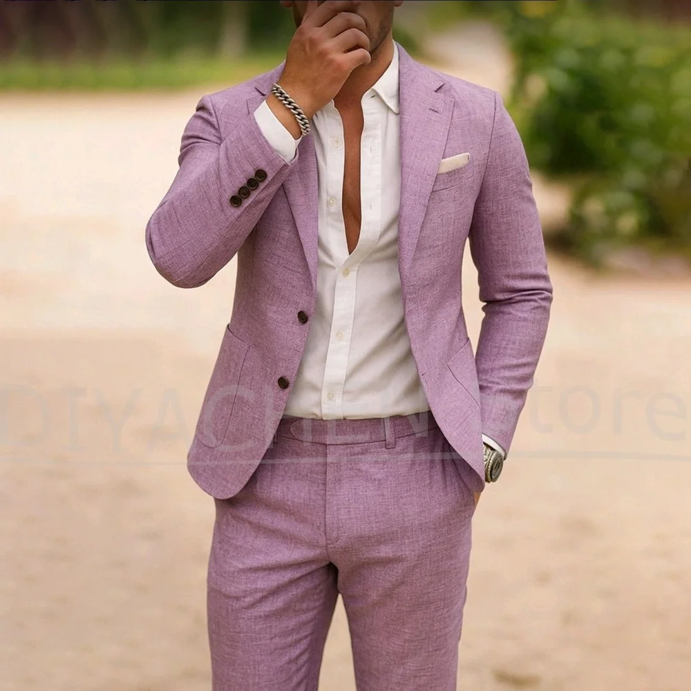 

Модные льняные мужские костюмы, шикарная однобортная официальная одежда с лацканами, комплект из 2 предметов, умный повседневный мужской костюм для свадебной вечеринки