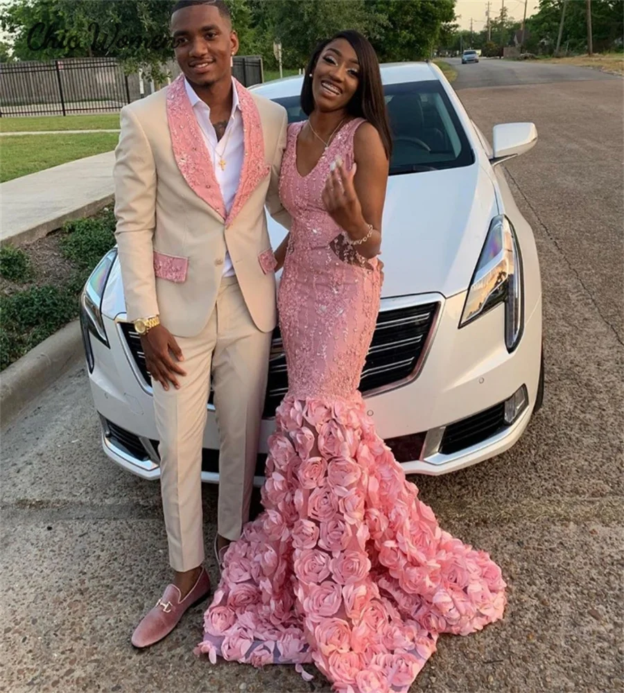 Luxury Pink Sequin Evening Dress V Neck Mermaid Black Girls Prom Dresses With 3D Florals African Nigeria Formal Party Customized