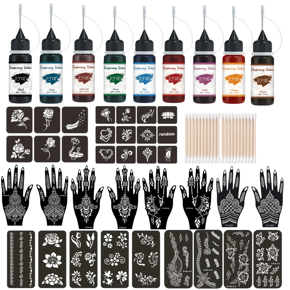 Henna Tattoo Kit 9 Colors Tattoo Paste With Stencils Temporary Body Art DIY Hand Painting Festival Party Decoration