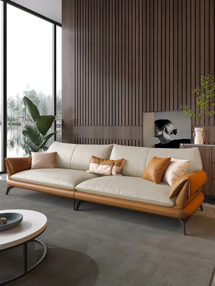 Cowhide Italian Minimalist Modern Light Luxury Simple Home Straight Row Three-Seat Furniture